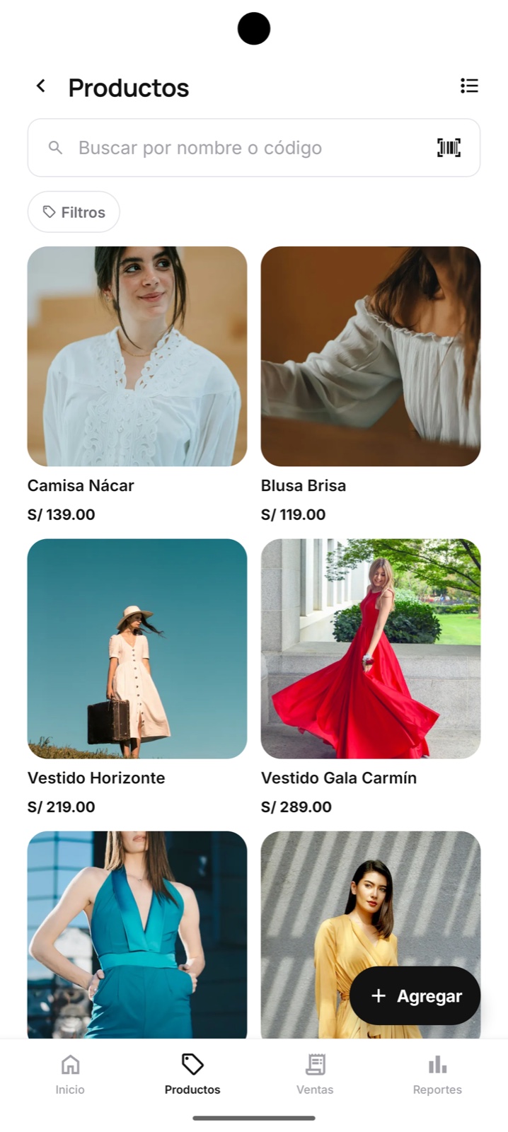 Catálogo visual de productos con buscador, filtros y precios