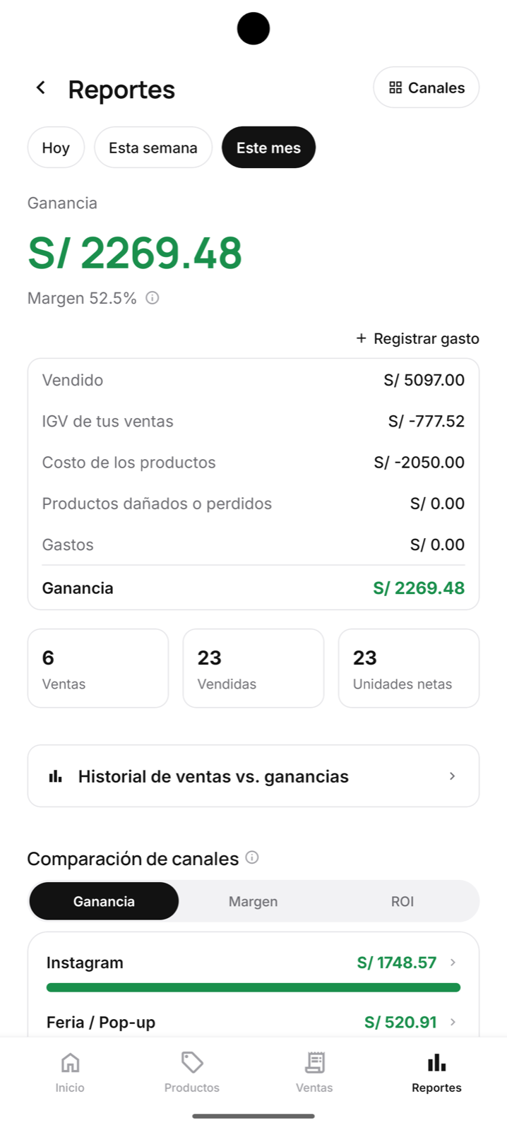 Reporte de ganancia, costos y comparación de canales